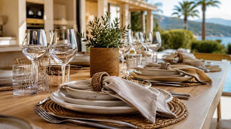 Fully laid table with sufficient tableware and glassware